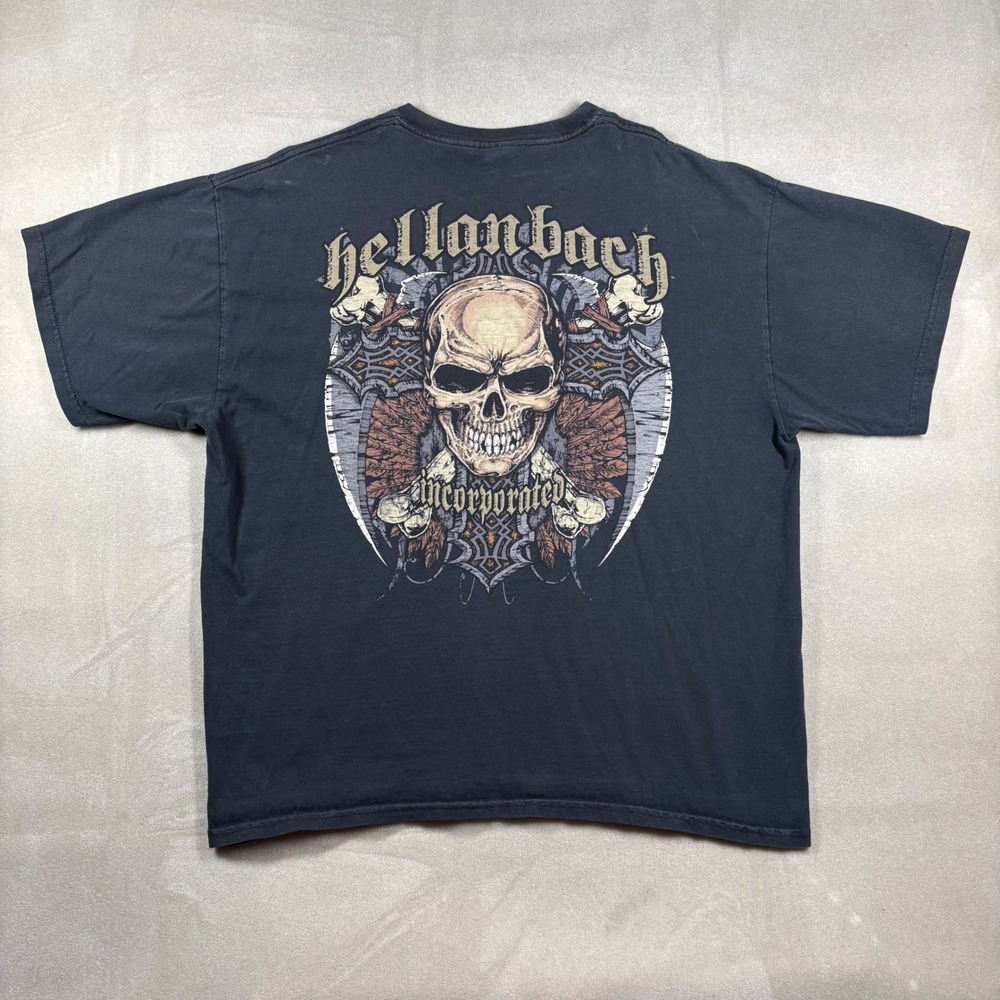 Vintage Hellanbach Incorporated Skull Graphic T-Shirt Mens XL Black Y2K Biker